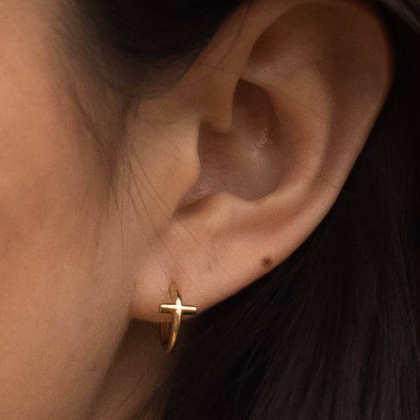Cross Huggie Hoop Earrings in Solid Gold, Platinum and Sterling