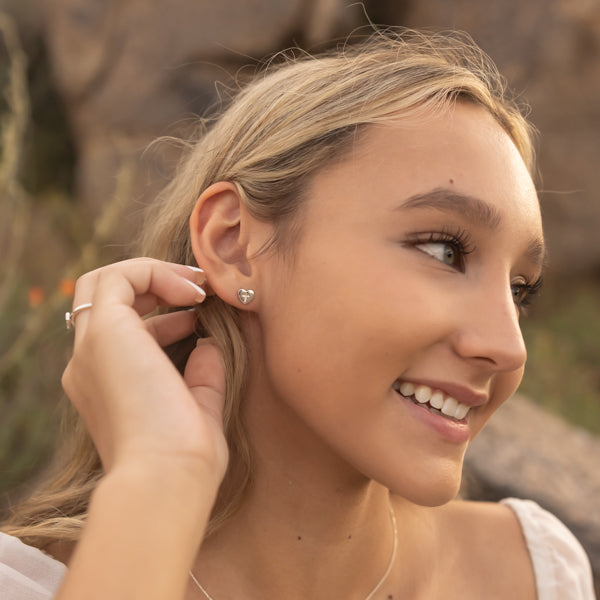 Heart Shaped Cross-Stamped Stud Earrings in Solid Gold, Platinum and Sterling Silver