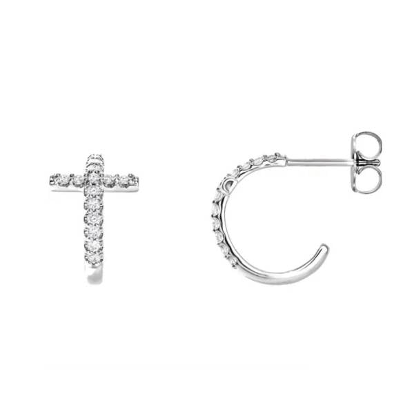 Diamond Cross Huggie Hoop Earrings in Solid Gold and Platinum