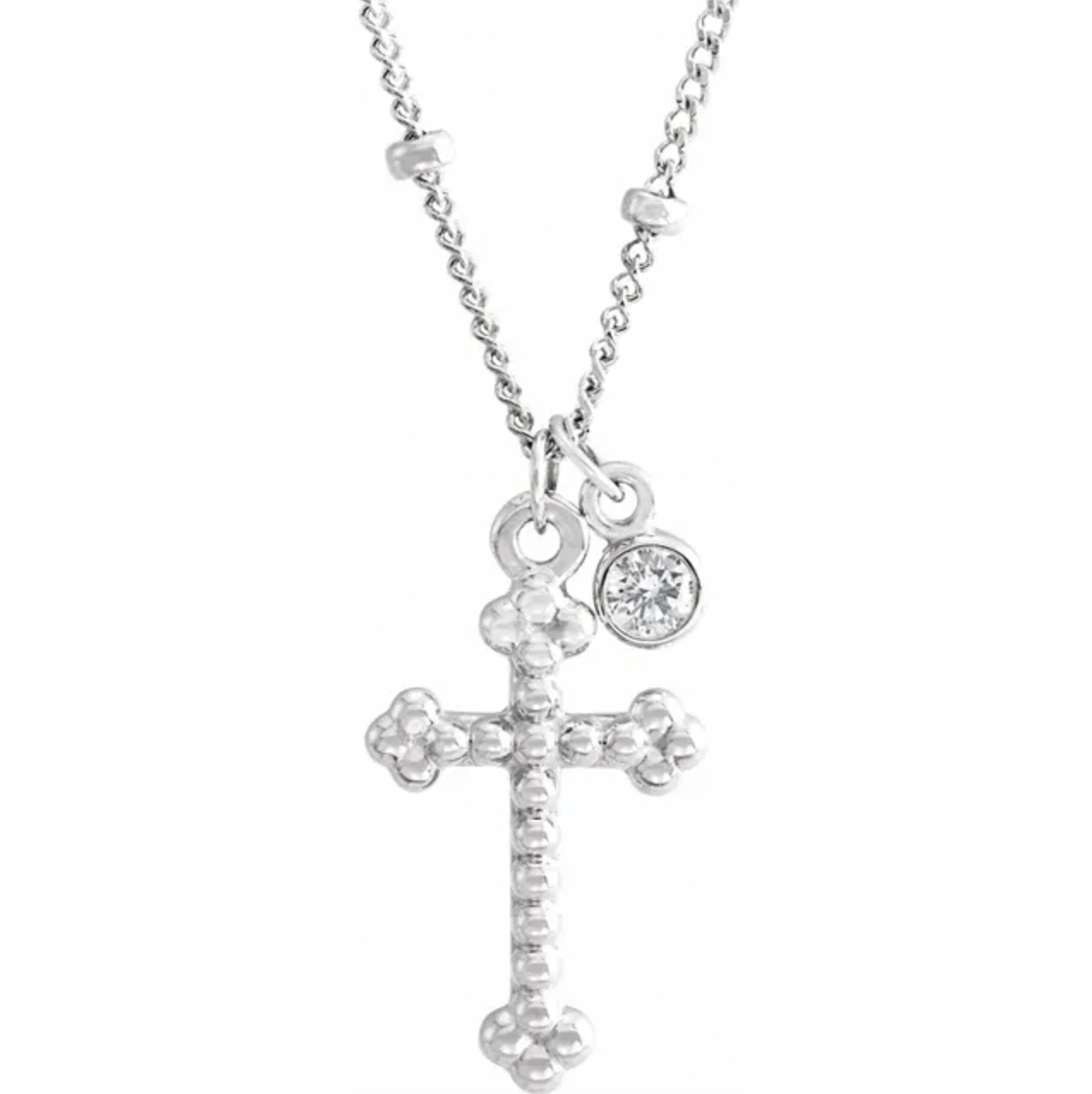 Beaded Cross and Dangle Diamond Pendant Necklace in Solid Gold and Sterling Silver